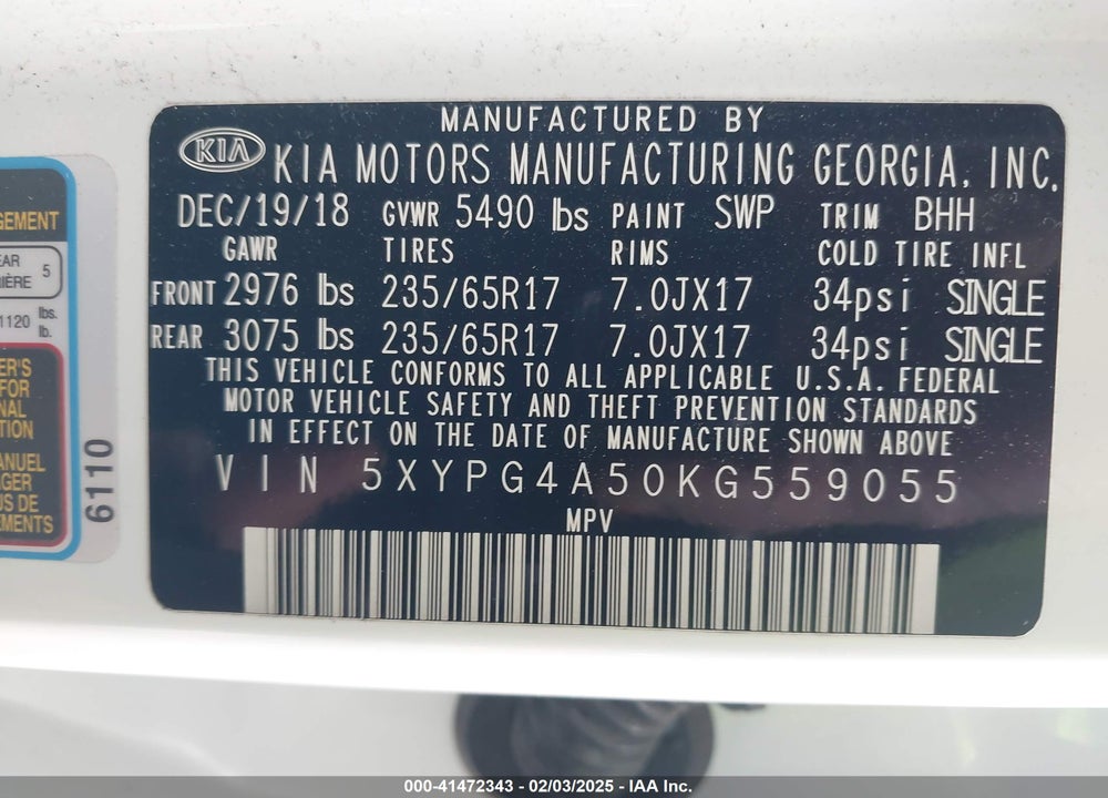 2019 KIA SORENTO 3.3L LX VIN: 5XYPG4A50KG559055