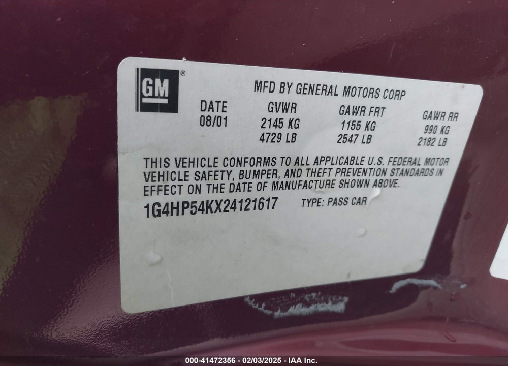 2002 BUICK LESABRE CUSTOM VIN: 1G4HP54KX24121617