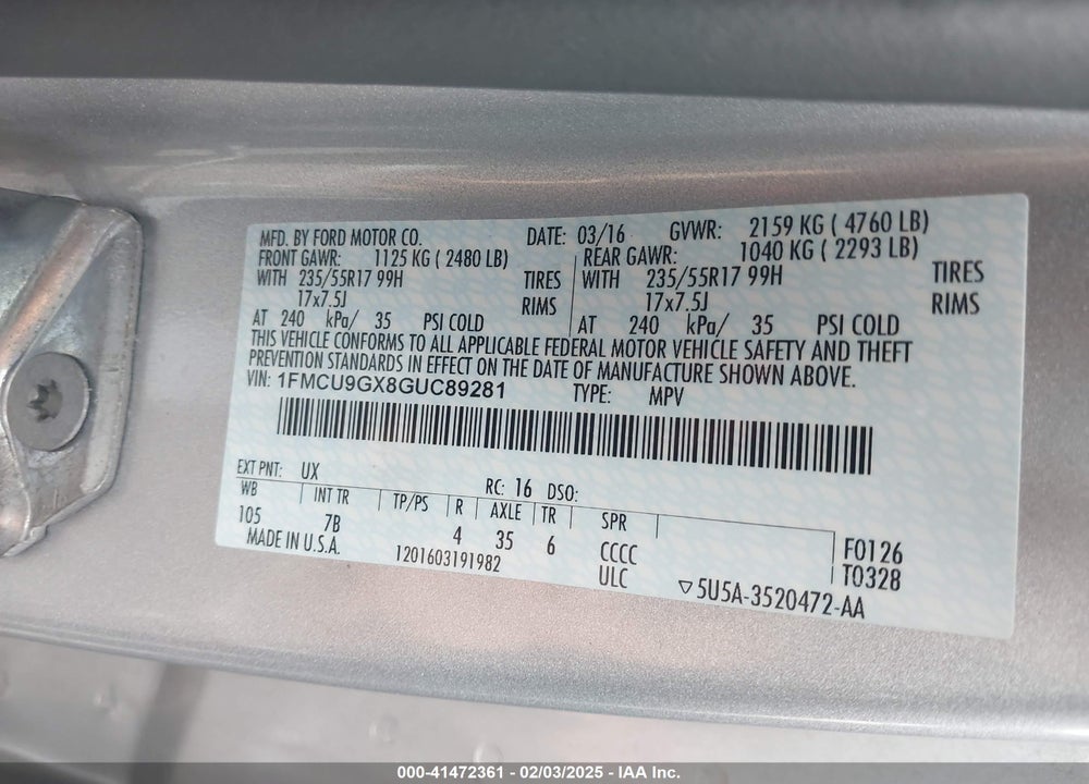 2016 FORD ESCAPE VIN: 1FMCU9GX8GUC89281