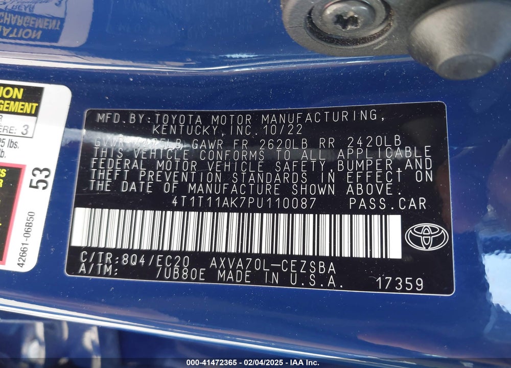 2023 TOYOTA CAMRY VIN: 4T1T11AK7PU110087