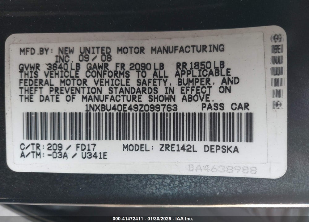 2009 TOYOTA COROLLA S VIN: 1NXBU40E49Z099763
