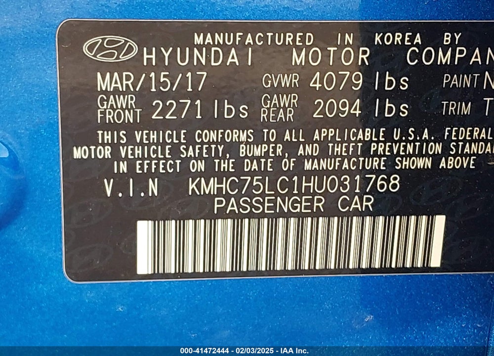 2017 HYUNDAI IONIQ HYBRID VIN: KMHC75LC1HU031768
