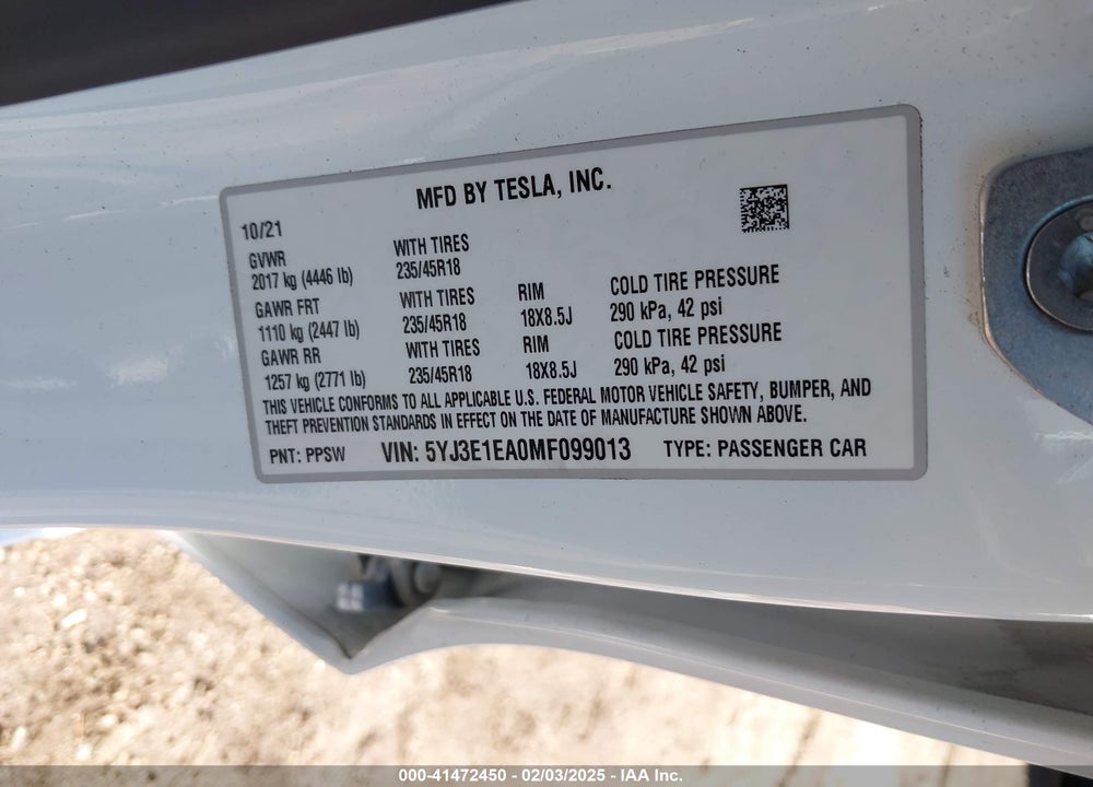 2021 TESLA MODEL 3 VIN: 5YJ3E1EA0MF099013
