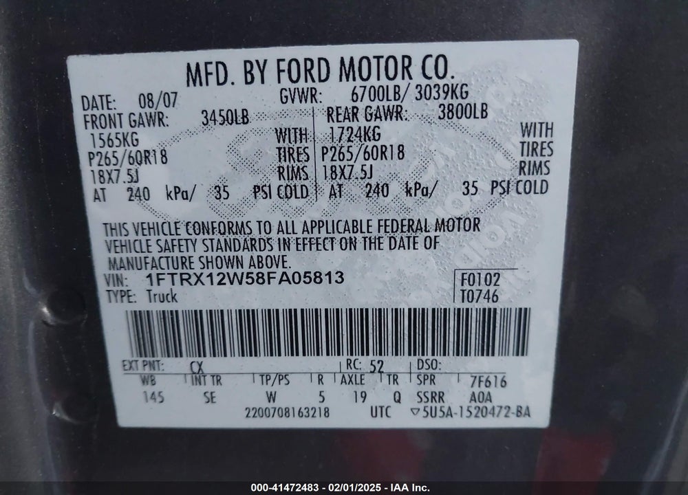 2008 FORD F150 VIN: 1FTRX12W58FA05813