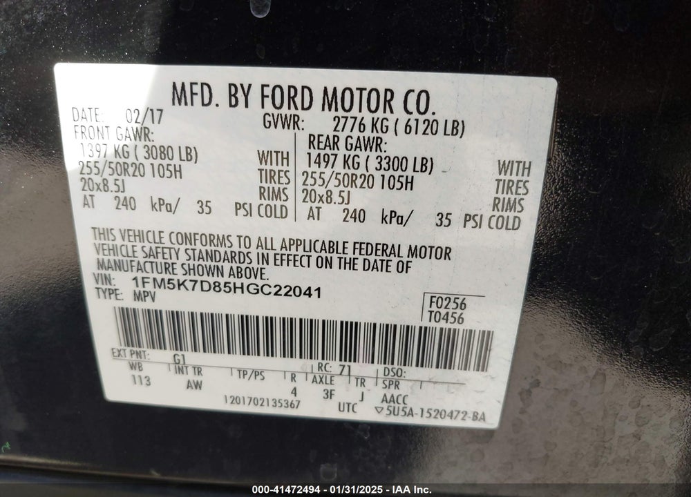 2017 FORD EXPLORER XLT VIN: 1FM5K7D85HGC22041