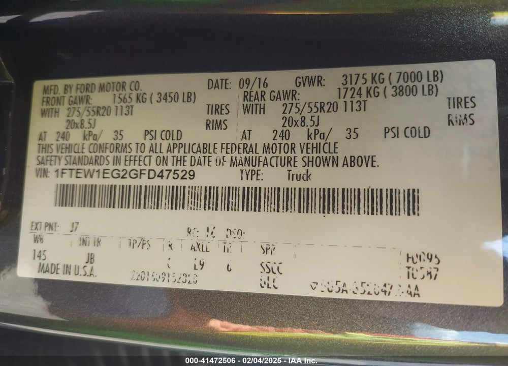 2016 FORD F-150 VIN: 1FTEW1EG2GFD47529