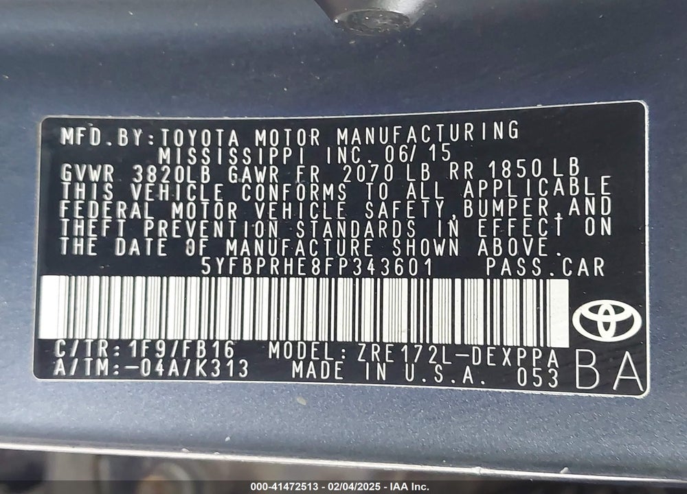 2015 TOYOTA COROLLA LE ECO PLUS VIN: 5YFBPRHE8FP343601