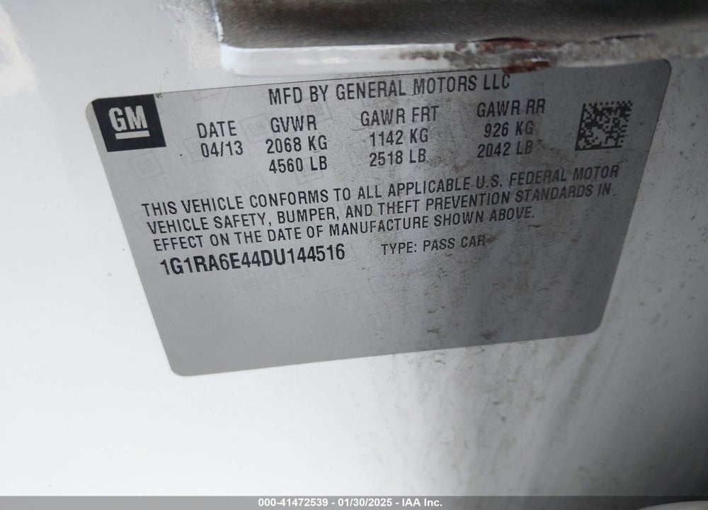 2013 CHEVROLET VOLT VIN: 1G1RA6E44DU144516
