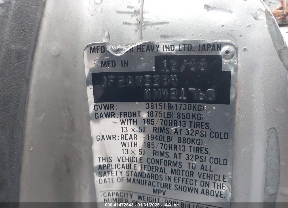 1989 SUBARU GL 4WD VIN: JF2AN53B4KH421760