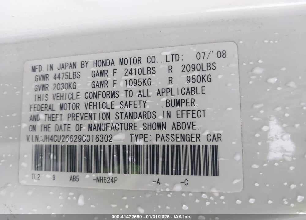 2009 ACURA TSX VIN: JH4CU26629C016302