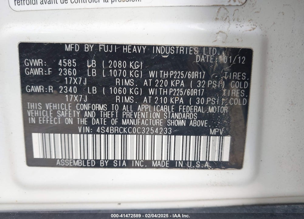 2012 SUBARU OUTBACK VIN: 4S4BRCKC0C3254233
