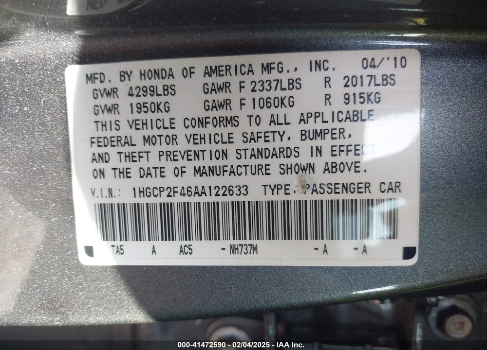 2010 HONDA ACCORD 2.4 LX-P VIN: 1HGCP2F46AA122633