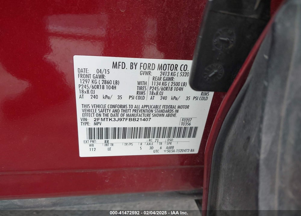 2015 FORD EDGE SEL VIN: 2FMTK3J97FBB21407