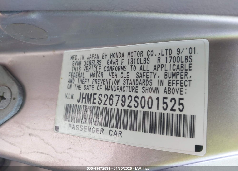2002 HONDA CIVIC EX VIN: JHMES26792S001525