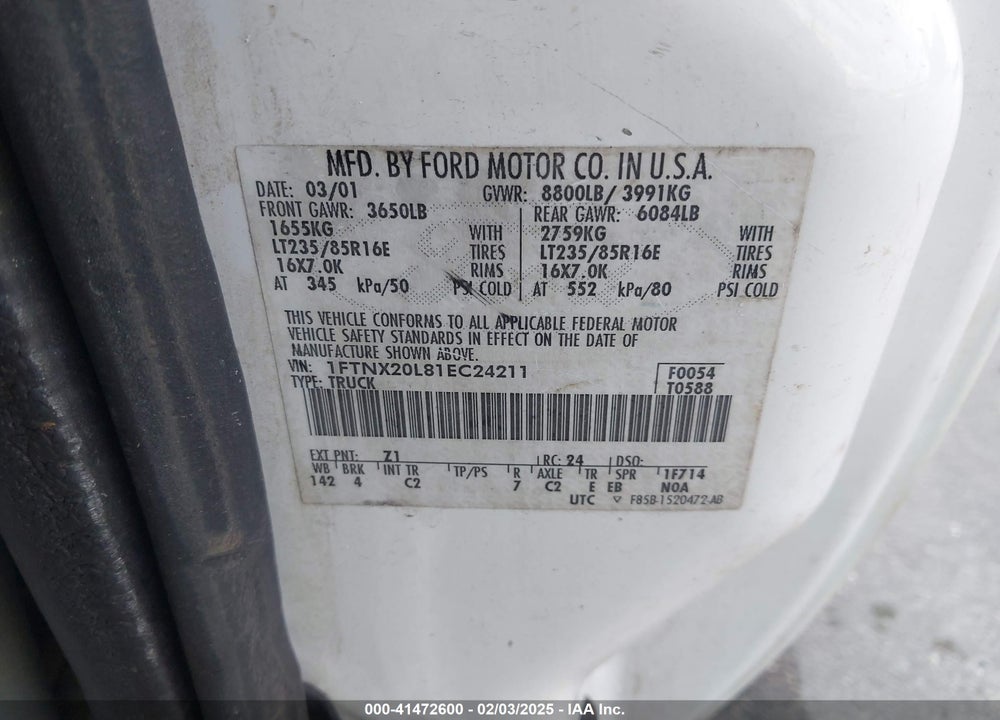 2001 FORD F-250 LARIAT/XL/XLT VIN: 1FTNX20L81EC24211