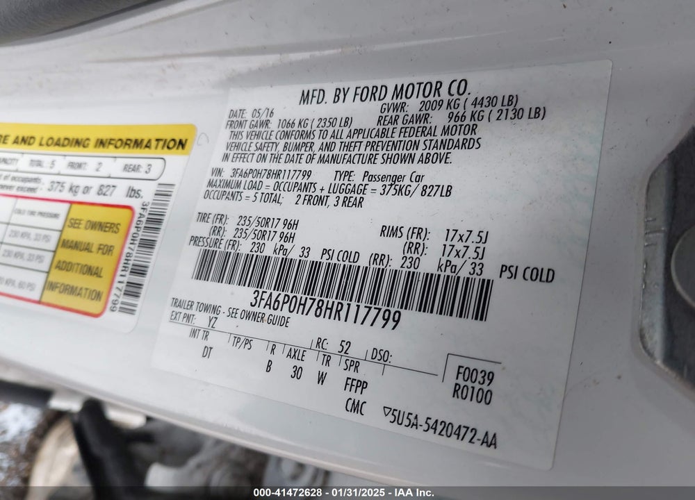 2017 FORD FUSION VIN: 3FA6P0H78HR117799