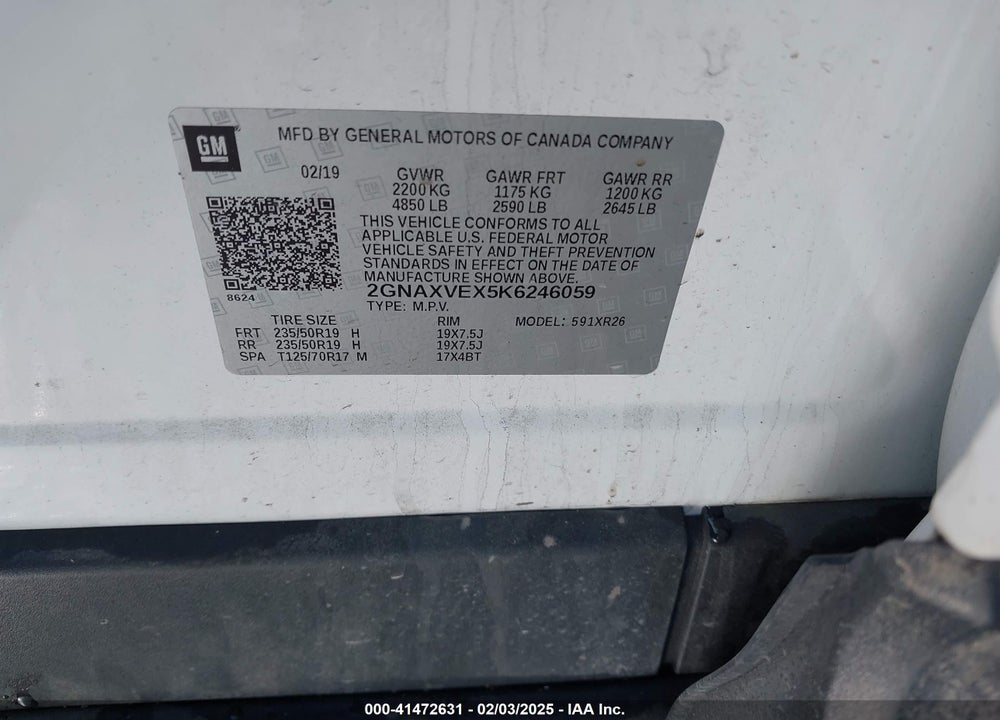 2019 CHEVROLET EQUINOX VIN: 2GNAXVEX5K6246059