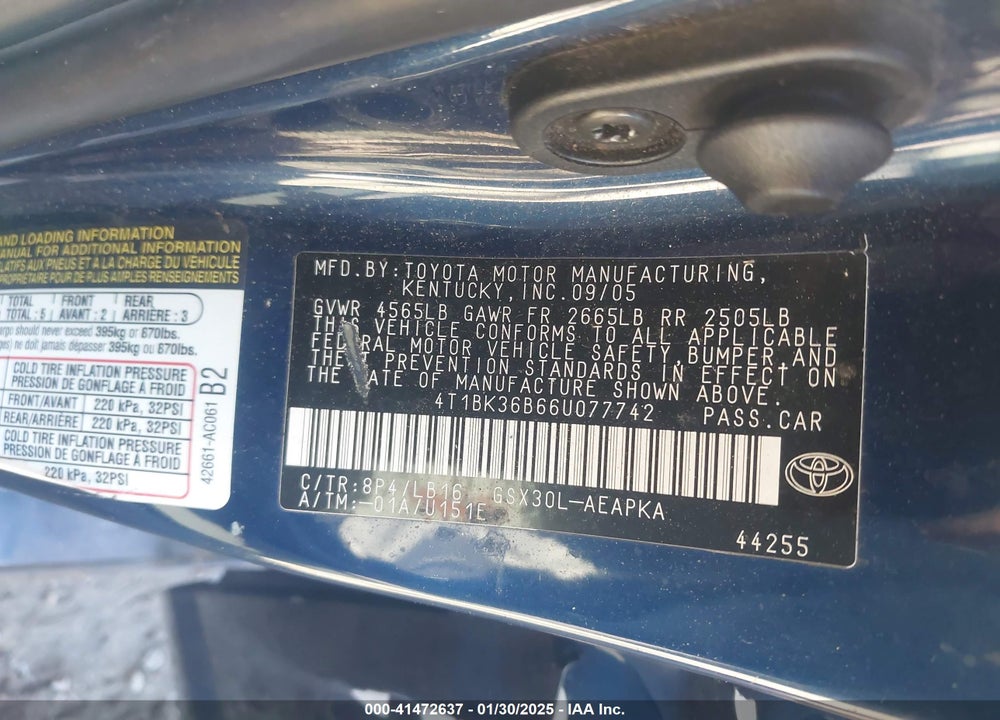 2006 TOYOTA AVALON LIMITED VIN: 4T1BK36B66U077742