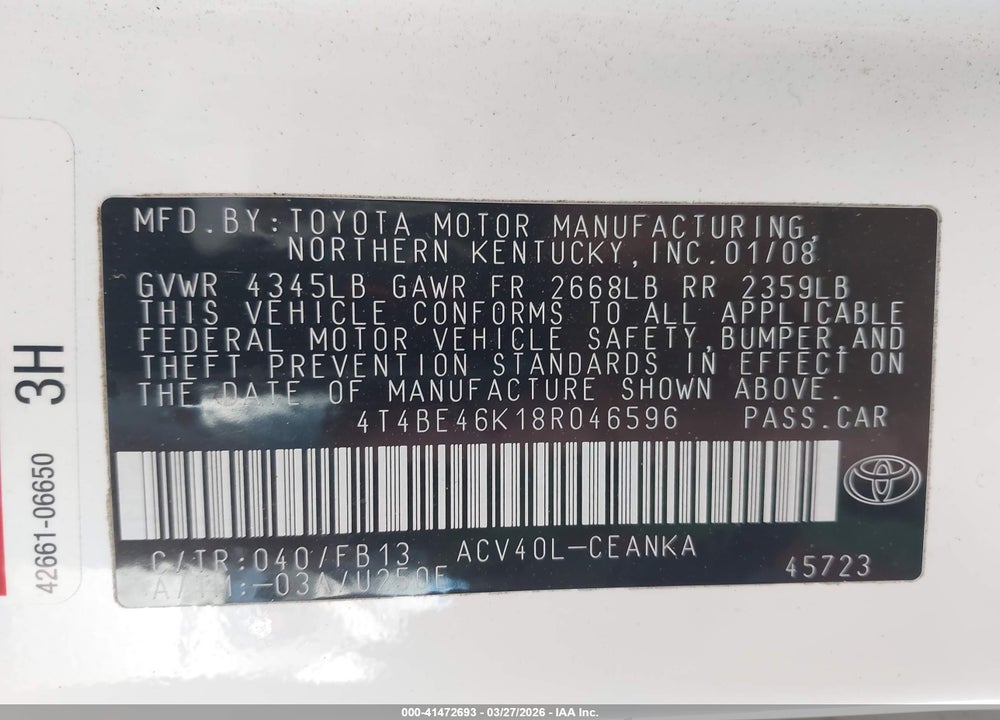 2008 TOYOTA CAMRY VIN: 4T4BE46K18R046596