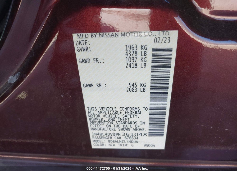 2023 NISSAN ALTIMA VIN: 1N4BL4DV0PN361048