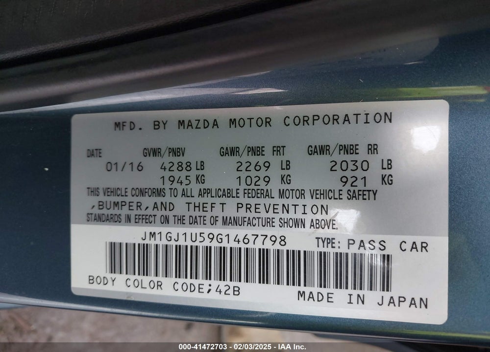 2016 MAZDA 6 VIN: JM1GJ1U59G1467798