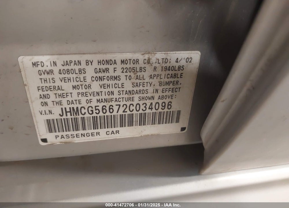 2002 HONDA ACCORD 2.3 EX VIN: JHMCG56672C034096