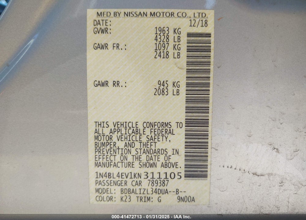 2019 NISSAN ALTIMA VIN: 1N4BL4EV1KN311105