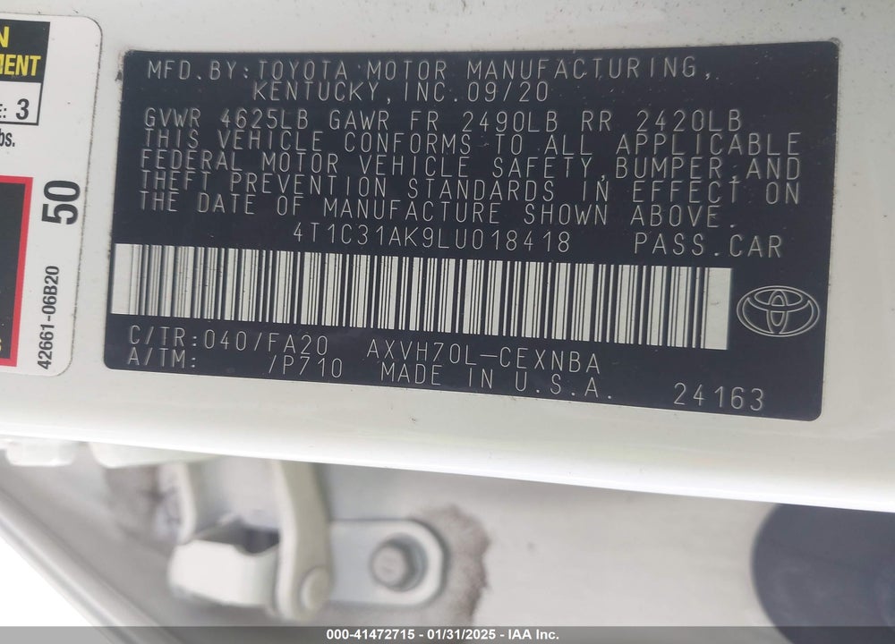 2020 TOYOTA CAMRY VIN: 4T1C31AK9LU018418