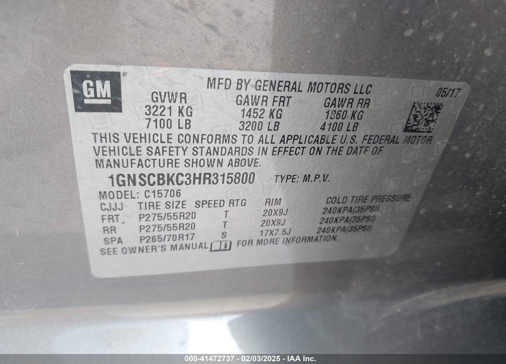 2017 CHEVROLET TAHOE VIN: 1GNSCBKC3HR315800