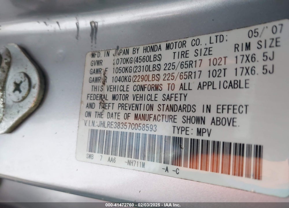 2007 HONDA CR-V LX VIN: JHLRE38357C058593