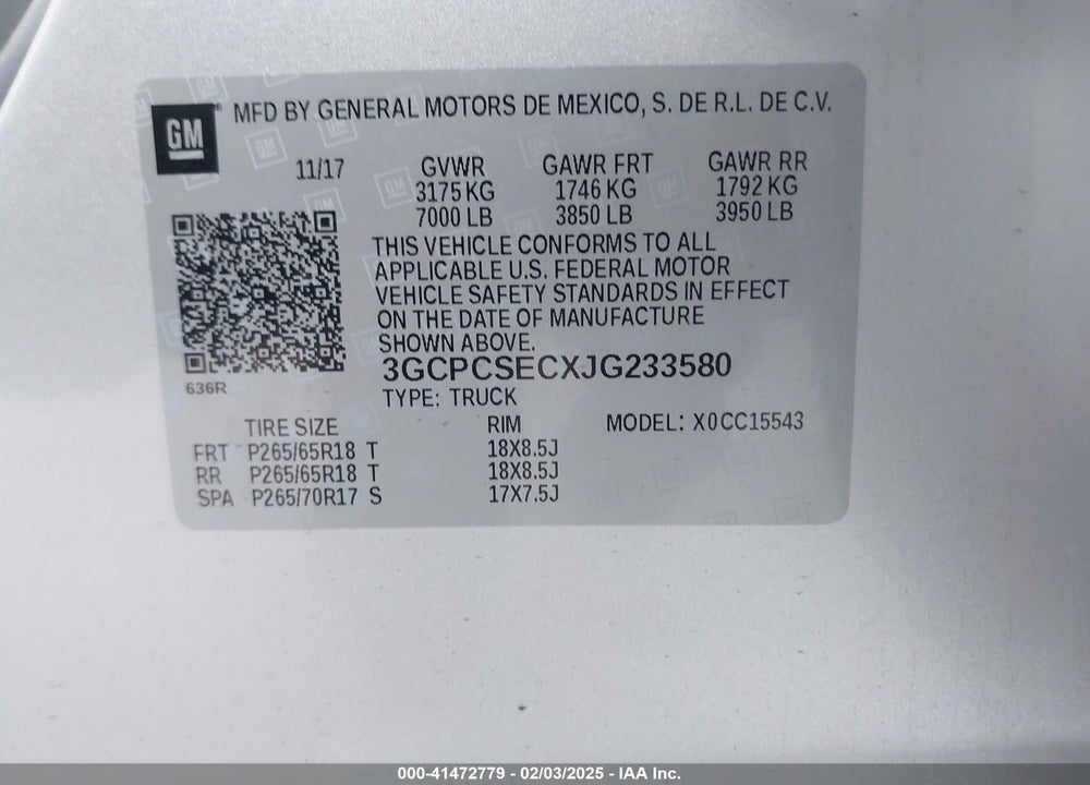 2018 CHEVROLET SILVERADO 1500 VIN: 3GCPCSECXJG233580