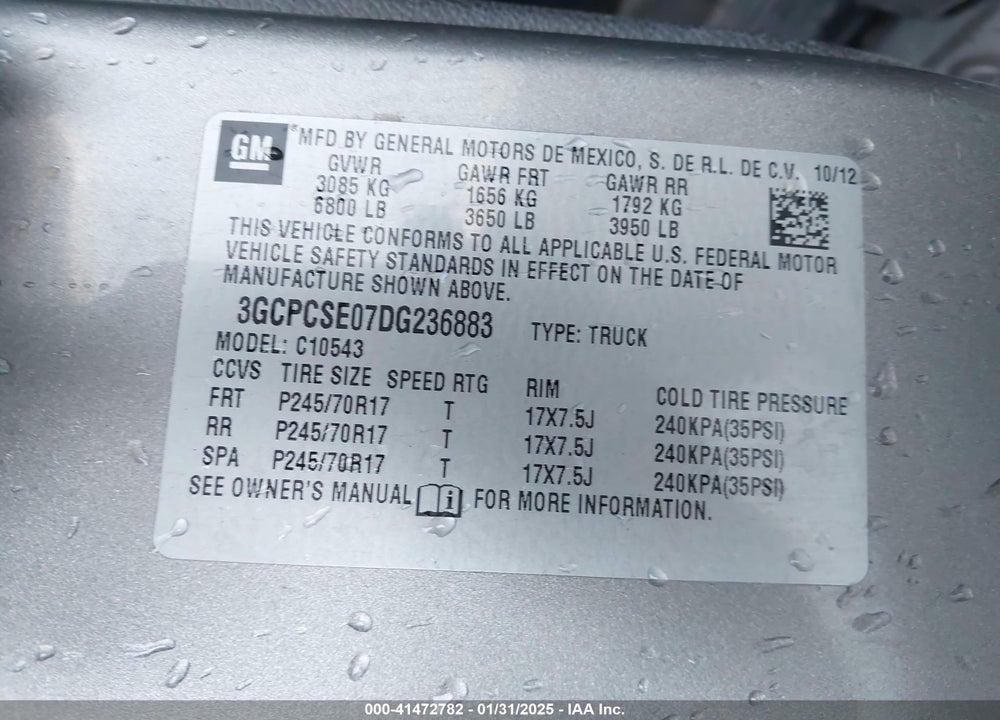 2013 CHEVROLET SILVERADO 1500 VIN: 3GCPCSE07DG236883