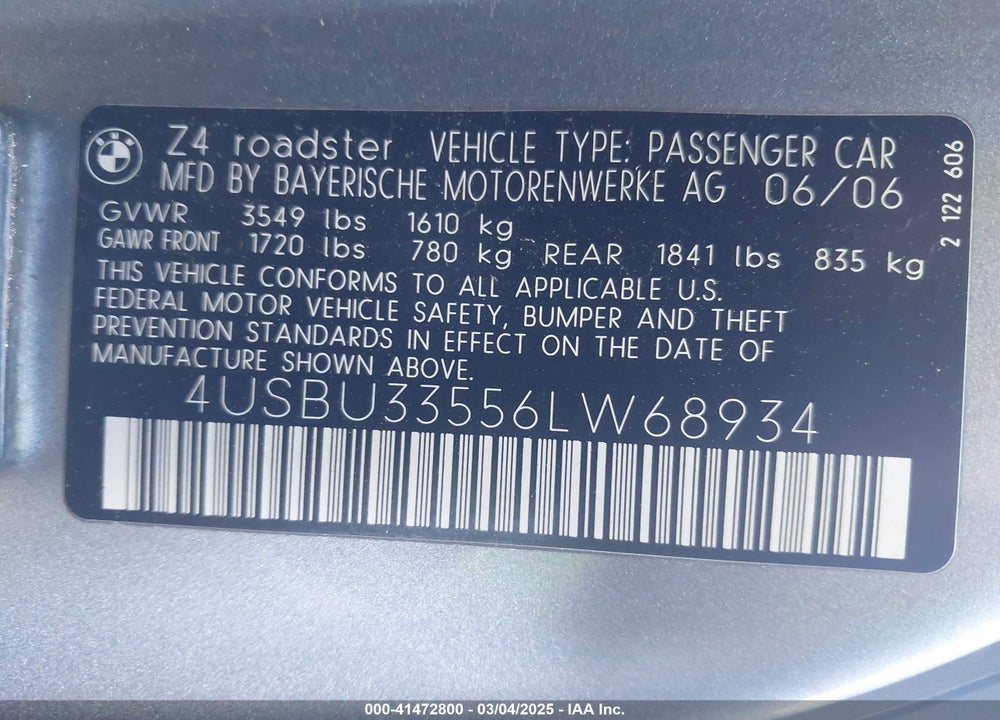 2006 BMW Z4 3.0I VIN: 4USBU33556LW68934