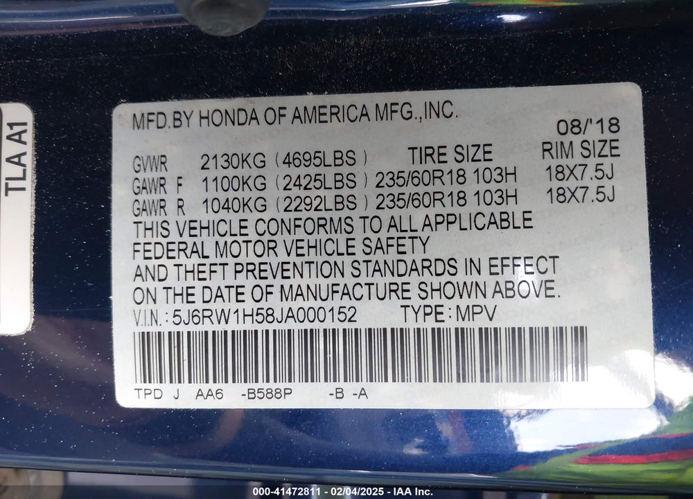 2018 HONDA CR-V EX VIN: 5J6RW1H58JA000152