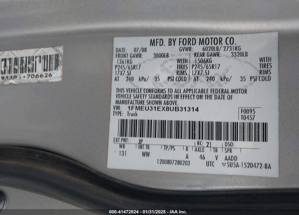 2008 FORD EXPLORER SPORT TRAC VIN: 1FMEU31EX8UB31314
