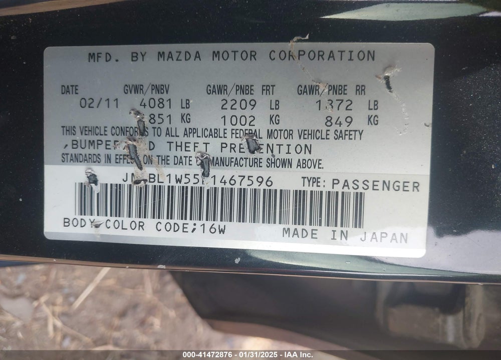 2011 MAZDA 3 VIN: JM1BL1W55B1467596