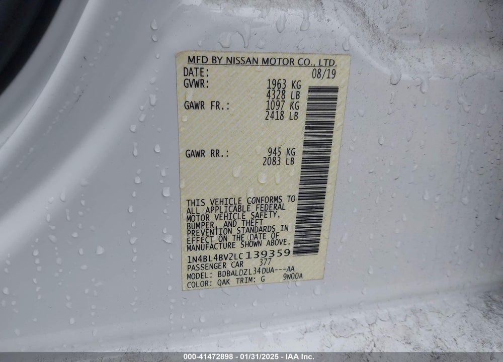 2020 NISSAN ALTIMA VIN: 1N4BL4BV2LC139359