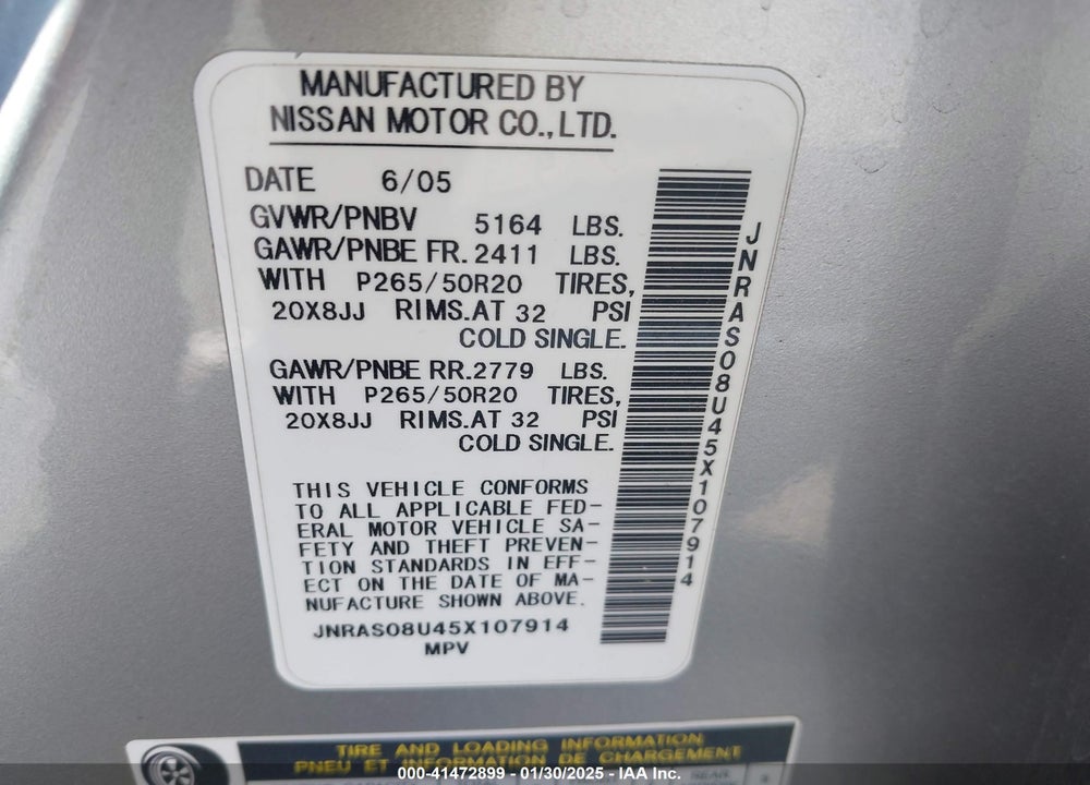 2005 INFINITI FX35 VIN: JNRAS08U45X107914