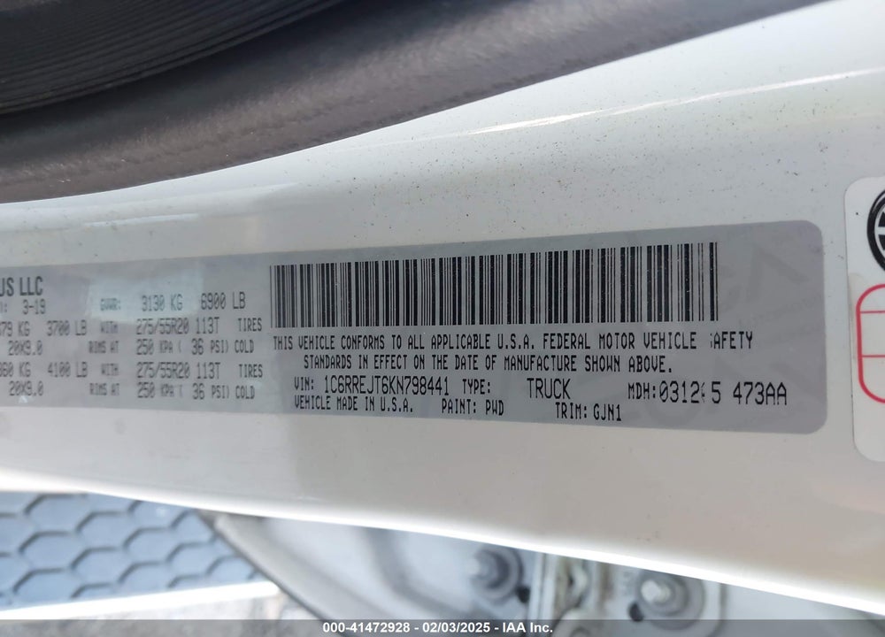 2019 RAM 1500 VIN: 1C6RREJT6KN798441