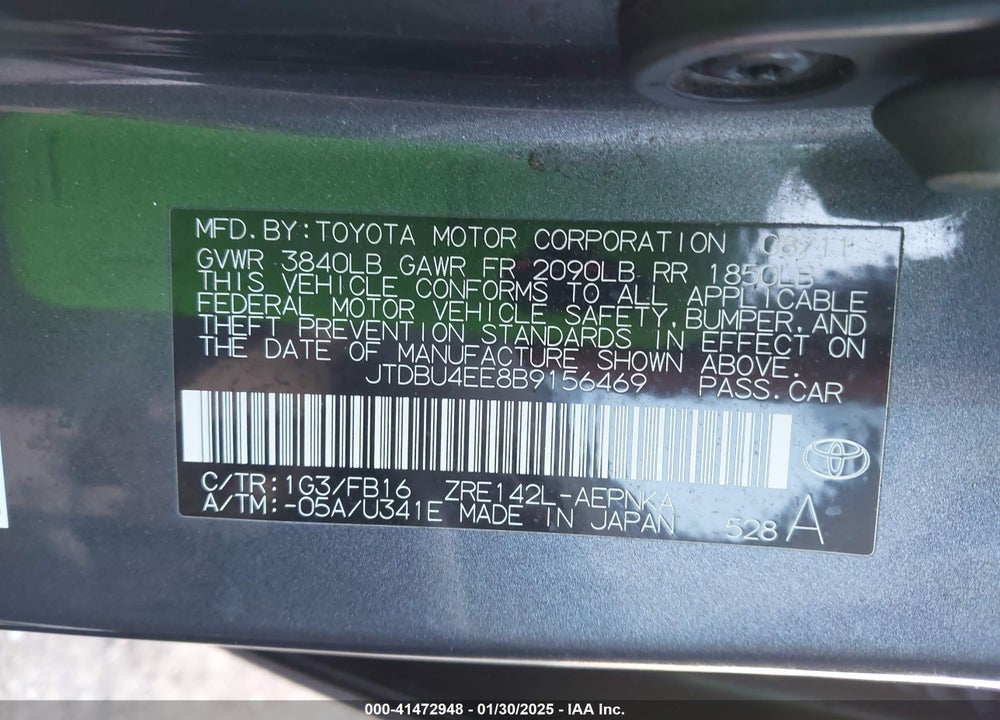 2011 TOYOTA COROLLA VIN: JTDBU4EE8B9156469