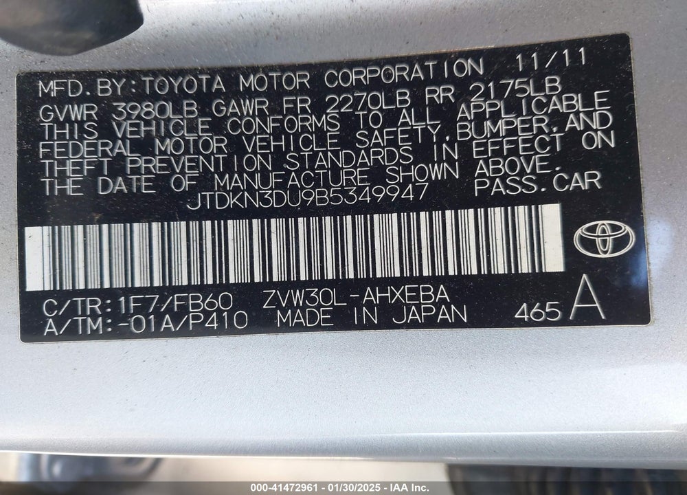 2011 TOYOTA PRIUS VIN: JTDKN3DU9B5349947