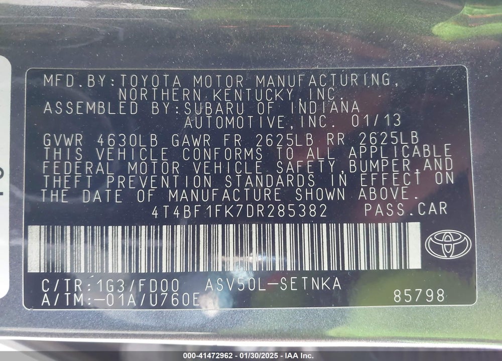 2013 TOYOTA CAMRY LE VIN: 4T4BF1FK7DR285382