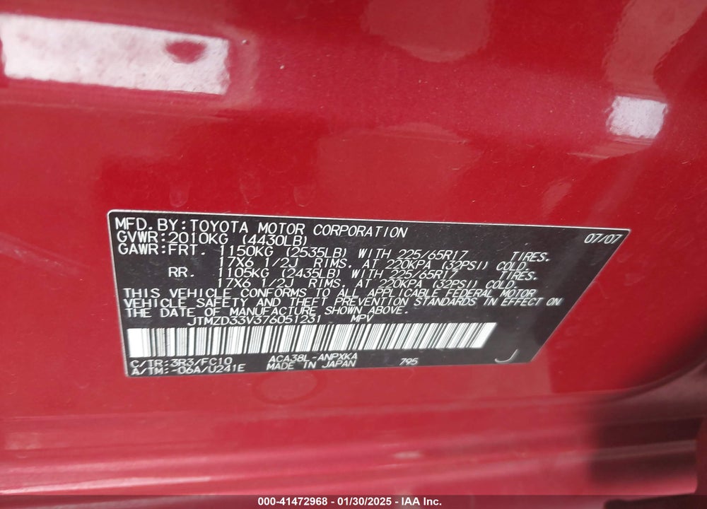 2007 TOYOTA RAV4 VIN: JTMZD33V376051231