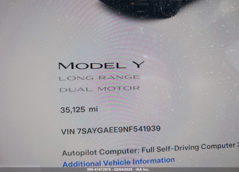 2022 TESLA MODEL Y LONG RANGE DUAL MOTOR ALL-WHEEL DRIVE VIN: 7SAYGAEE9NF541939