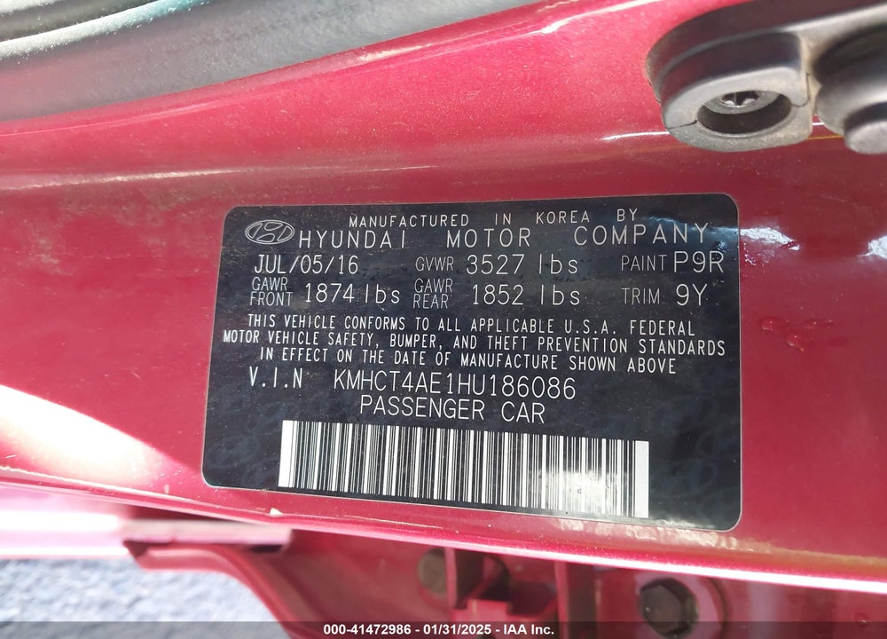2017 HYUNDAI ACCENT VIN: KMHCT4AE1HU186086