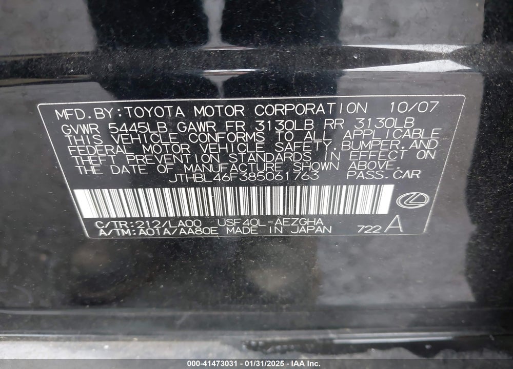 2008 LEXUS LS 460 VIN: JTHBL46F385061763