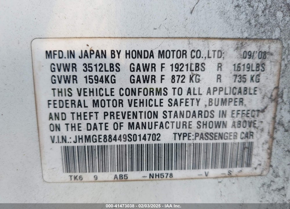 2009 HONDA FIT SPORT VIN: JHMGE88449S014702