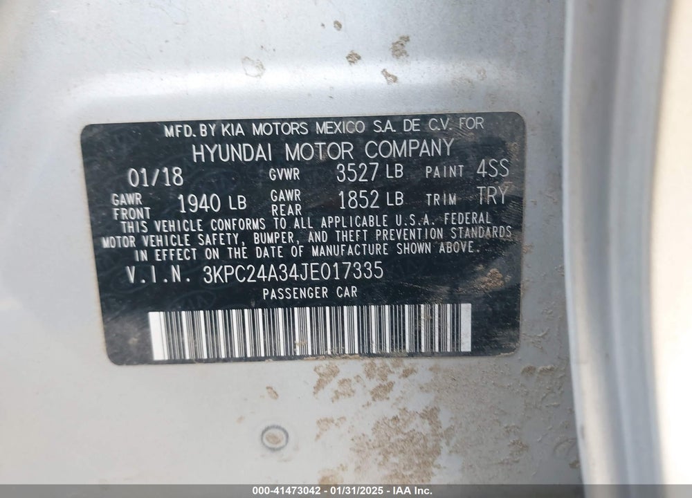 2018 HYUNDAI ACCENT VIN: 3KPC24A34JE017335