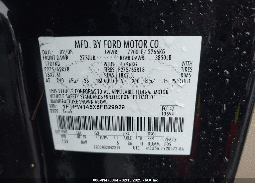 2008 FORD F-150 60TH ANNIVERSARY/FX4/KING RANCH/LARIAT/LIMITED/XLT VIN: 1FTPW145X8FB29929