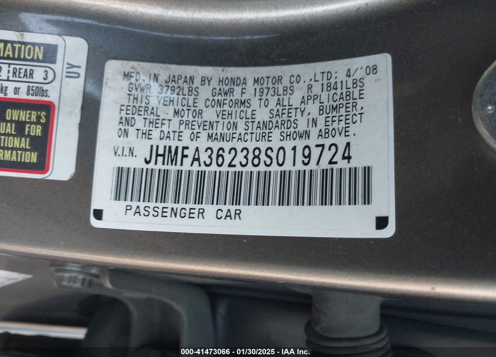 2008 HONDA CIVIC HYBRID VIN: JHMFA36238S019724